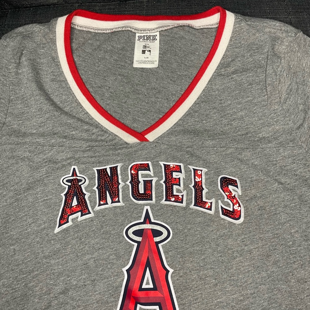 Anaheim Angels Victoria Secret PINK Ringer V-neck Sequins Gray T-shirt - Picture 2 of 6